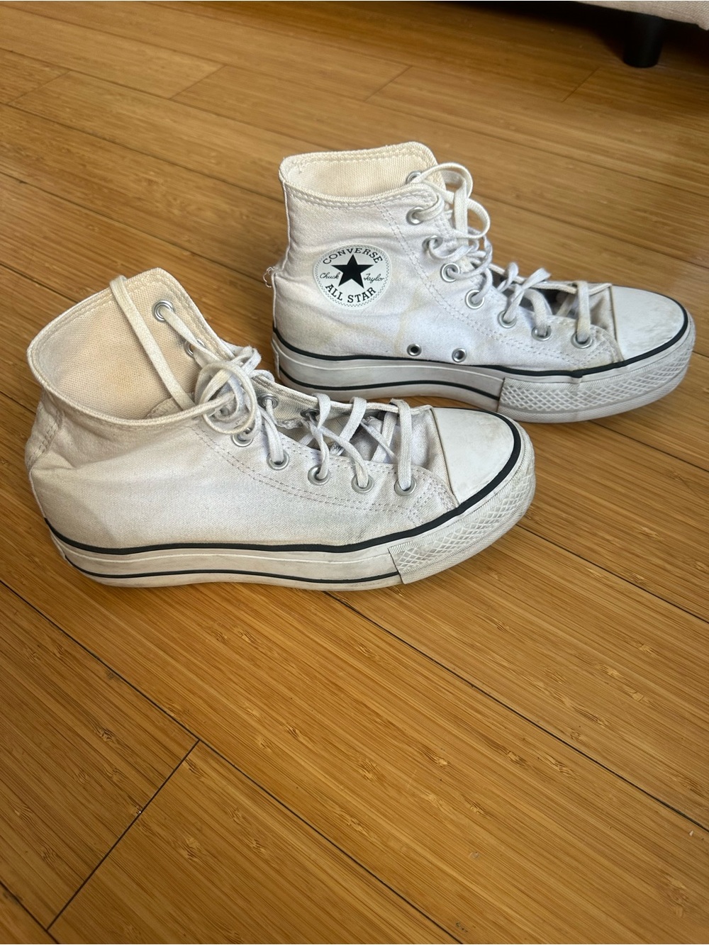 Platform Converse White High Top Sneakers with Black Trim